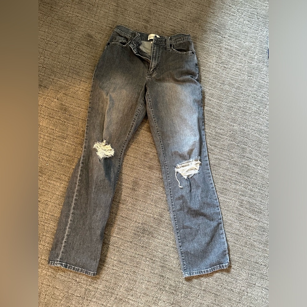 Barely Worn Low Waist Slight Flare/Straight Acid Wash Ripped Jeans